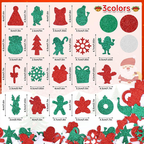 300 Pieces Christmas Glitter Foam Stickers - Assorted Santa, Snowflake, Tree, Bell, Gift, and Christmas Shape Foam Stickers Self-Adhesive for Kids...