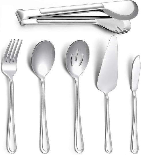 E-far Serving Utensils, 6 Pieces Stainless Steel Serving Spoon, Slotted Spoon, Fork, Tong, Cake Server and Butter Knife for Parties Buffet Banquet...