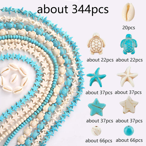 Turquoise Sea Turtle Beads Blue and White Starfish Beads Tortoise Turtle Charms Summer Ocean Animal Spacer Beads Shell Beads for for Jewelry Makin...