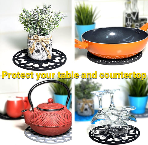 3 Set Silicone Trivet Mats with 1 Extra Large Included | Intricately Carved Insulated Flexible Durable Non Slip Thick Round Premium Trivets for Ho...