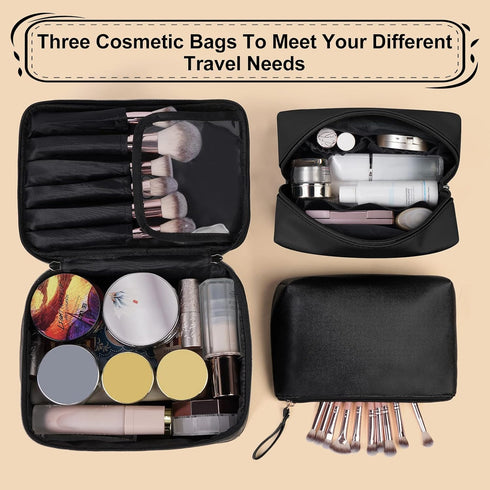 MAANGE Makeup Bag - Large Cosmetic Bag with 2pcs Small Makeup Bags Portable Leather Travel Makeup Bag Set Toiletry Bag Make Up Bags for Women and ...