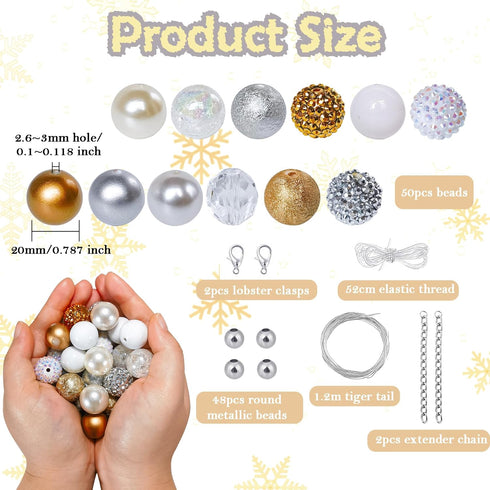 50Pcs Chunky Bubblegum Beads 20mm Silver Gold Gumball Rhinestone Beads with 48pcs Tiny Round Spacers, Extender Chains, Beading Wire for Crafts Jew...