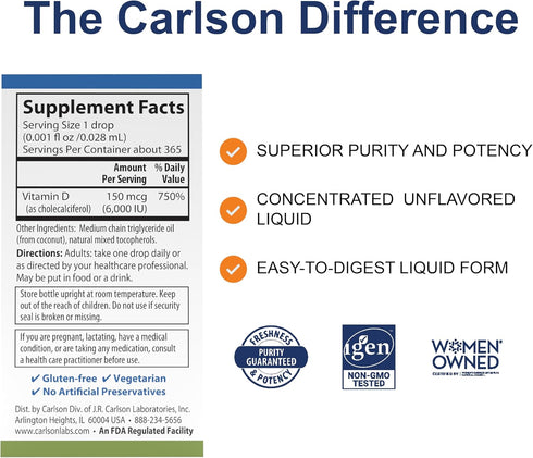 Carlson - Super Daily D3, 6000 IU (150 mcg) per Drop, Liquid Vitamin D3, 1-Year Supply, Non-GMO, Unflavored, 365 Vegetarian Drops (10.3 mL)...