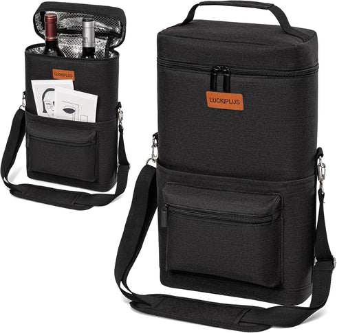Insulated Wine Carrier Bag for 2 Bottles with Padded Shoulder Strap...