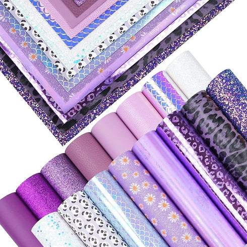 16 Pieces 8x6 Inch New Contrast Colors White Purple Light Purple Series Faux Leather Fabric Sheets Include Litchi Daisy Fine Chunky Glitter Butter...