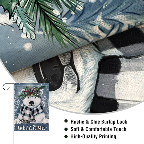 Welcome Winter Polar Bear Small Decorative Garden Flag, Buffalo Plaid Check Scarf Pine Tree Yard Lawn Outside Decor, Snowy Christmas Farmhouse Bur...