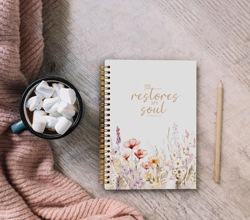 Christian Notebook for Women, Christian Art Gifts Journal, Prayer Journal for Women, Bible Journaling Notebook, PSALM 23:3 He Restores My Soul Flo...