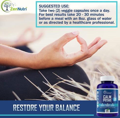 Calm Prime Stress Relief Supplement Non-Drowsy | Mood Support Supplement | Mood Boost | Vegan Daytime Stress Supplements Calm Aid | Stress Vitamin...