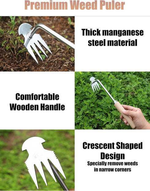 Weed Puller Tool, Weeding Artifact Uprooting Weeding Tool, 4-Tine Stainless Steel Head Hand Multi Function Garden Weeder Remover Tool Easily Remov...
