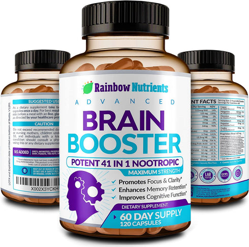 40-in-1 Brain Booster Supplements for Memory, Focus, Clarity, Energy, Performance | Natural Nootropic Brain Support Supplement with DMAE, Bacopa M...