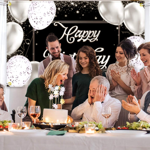Happy Birthday Backdrop Banner - Black and Silver Photography Background - Large Party Sign Poster for Men and Women - Decoration Supplies...