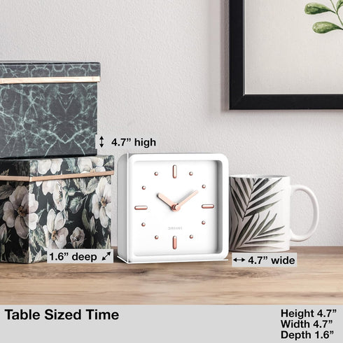 Driini Modern Mid Century Desk & Shelf Clock (White Rose Gold) - Battery Operated with Silent, Analog Movement – Small Tabletop Clocks for Office ...