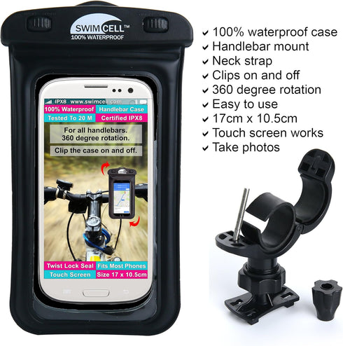 Waterproof Phone Holder Bike Handlebar Mount - Phone Case Mount for iPhone, Samsung, Android. 360 Degree Rotation. All Mobile Phones Up to 6.7 inc...