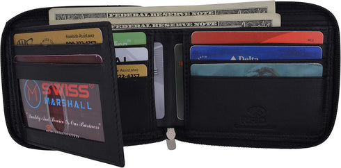 Men's Zipper RFID Blocking Premium Leather Zip-Around ID Bifold Wallet (Black)...