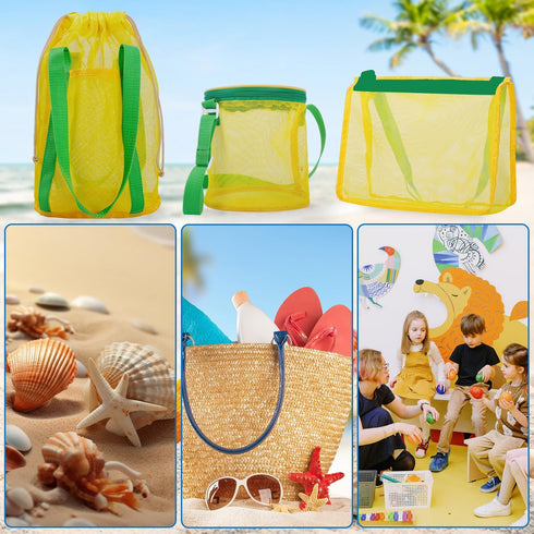 3 Pcs Mesh Beach Bag Set, Sand Beach Toy Bag, Seashell Collecting Bag Tote with Adjustable Carrying Strap & Zipper/Drawstring, Pool Toy & Sand Toy...