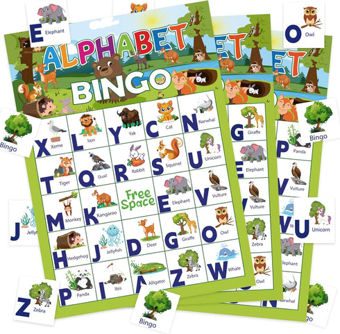 Animal Bingo Game for Toddler Adults, 24 Players Animal Bingo Cards Letter Recognition Animals Themed Bingo Game Cards Jungle Safari Party Game fo...