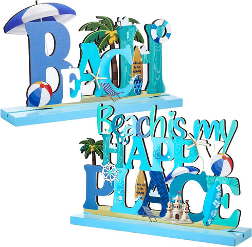 Blulu 2 Pcs Beach Table Signs Ocean Wood Table Decorations Beach Is My Happy Place Sign Under The Sea Animal Coastal Tabletop Centerpieces Nautica...