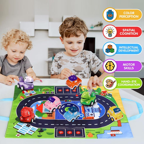 Baby Toy Cars for 1 Year Old Boy, Mini Pull Back Trucks with Playmat for Toddler Age 12-18 Months, 12PCS Infant Friction Powered Push Vehilces, Ca...
