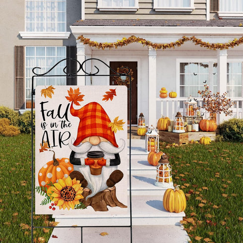 Fall is in the Air Gnome Pumpkin Coffee Decorative Garden Flag, Autumn Maple Leaves Yard Outside Decorations, Buffalo Plaid Cheetah Polka Dots Far...