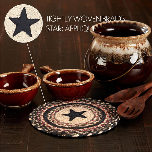 VHC Brands Colonial Star Trivet Hot Pad for Pots Pans, Tan Black Red, Jute Blend, Round Circle, 8 Inches...