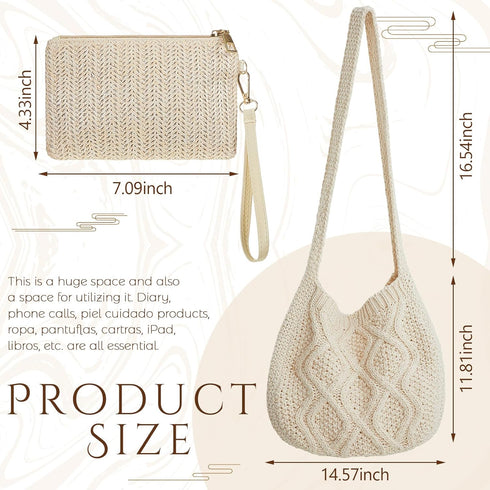 Crochet Bag for Women Crochet Tote Bag with Wristlet Wallet Bohemian Aesthetic Shoulder Handbag for Women Summer Beach...