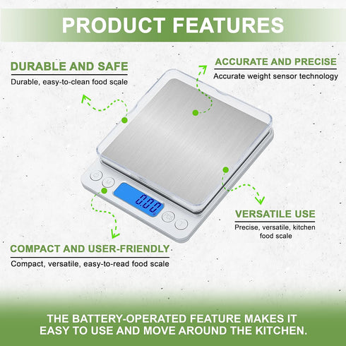 Digital Kitchen Scale – Battery Operated Highly Accurate Stainless Steel Abs Plastic Food Scale - Full Tare Function in 3kg/0.1g Gm and Oz for Wei...