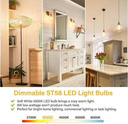 MAXvolador Vintage LED Edison Bulb Dimmable 60W Equivalent 850 Lumens, 6W Edison Light Bulbs 3000K, Antique ST58 LED Filament Bulb E26 Base, Pack ...