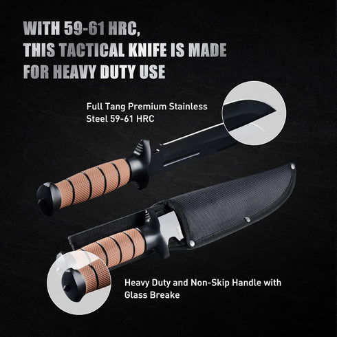 13.6" Fixed Blade Tactical Fighting Knife with Sheath, Stainless Steel Survival Hunting Bushcraft Full Tang Non-Slip Handle Bowie Knife for Campin...
