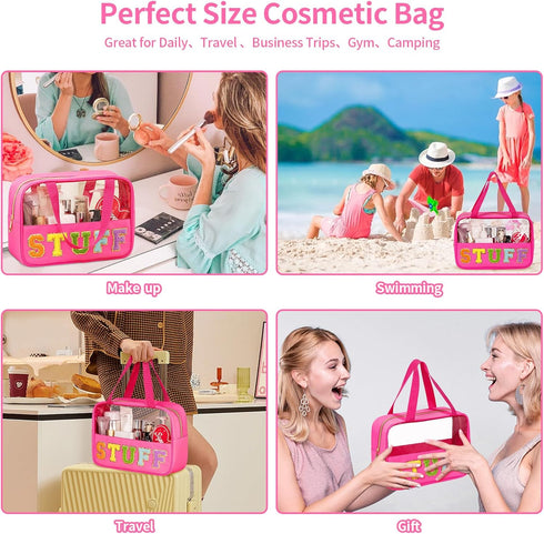 Chenille Letter Patch Clear Makeup Bag, Preppy Nylon Makeup Bag with Handle and Zipper, Waterproof Large Clear Travel Toiletry Bag Storage Bag for...