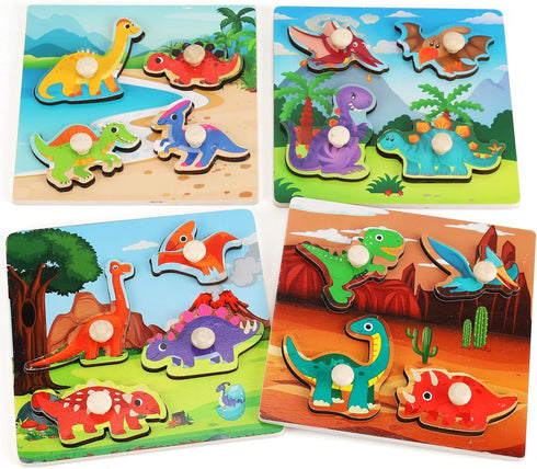 Wooden Peg Puzzles for Toddlers 1-3, Kids Educational Preschool Peg Puzzle Toy Ages 2-4, Set of 4 Dinosaur Toddler Puzzles, Ideal Gift for Ages 1 ...