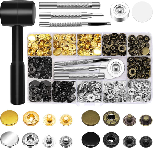 Alritz 15mm Leather Snap Button Kits with Hammer Punch Spacer, 90 Sets Metal Snaps Press Studs with 4 Setter Tools for Thin Clothes, Jackets, Jean...