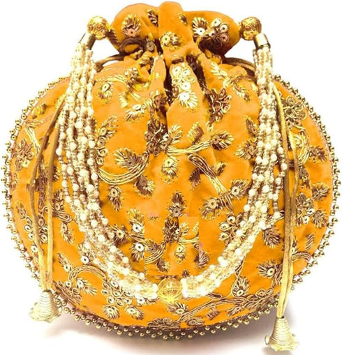 Women Potli Bag Gota Patti Work Embroidered Golden work Handbag Silk Purse Party wedding Clutch Gifting Pearls...