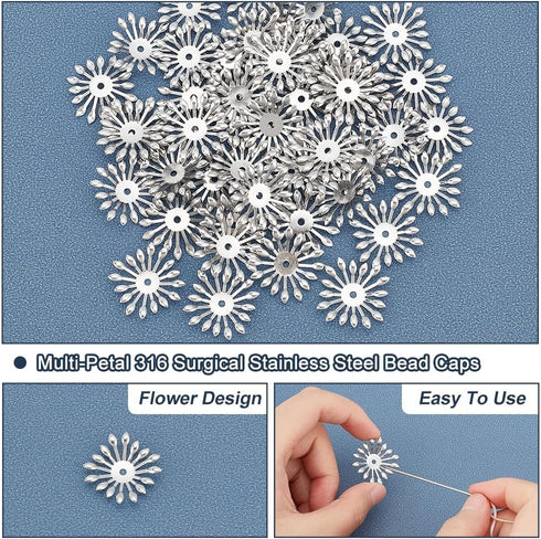 UNICRAFTALE 50pcs Multi-Petal Flower Bead Caps - Stainless Steel, Small Hole Cones End Caps for DIY Jewelry Making and Crafting - 24x24x3mm, Hole ...