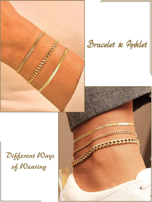 DEARMAY Gold Ankle Bracelets for Women Waterproof 3Pcs 14K Gold Plated Anklets Layered Cuban Link Chain Herringbone Dainty Cute Anklets Set Pack S...