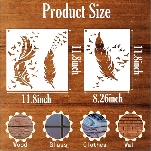 Feather Stencils for Painting on Wood, Peacock Stencils for Crafts Reusable Wood Burning Drawing Art Paint Stencils and Patterns for Wall Cake Coo...