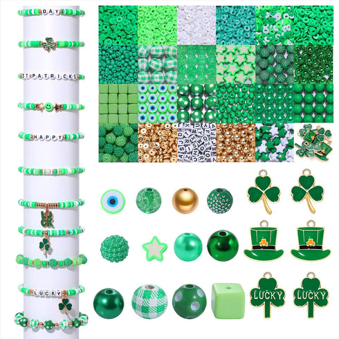 2566PCS+ St. Patrick's Day Beads for Jewelry Making Green Heishi Pearl Star Letter Clay Wooden Irish Round Loose Beads with Enamel Luck Shamrock H...