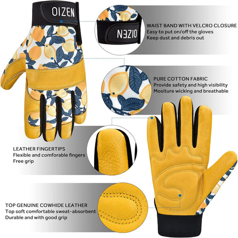 Leather Tough Cowhide Work Gardening Gloves for Women Thorn Proof, Working Gloves for Weeding, Digging, Planting, Gardening Gifts for Women, Size ...