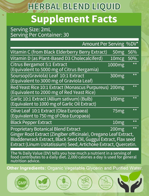 Citrus Bergamot Liquid Drops 1000mg - Natural Supplement with Soursop, Red Yeast Rice, Garlic, Olive Leaf, Black Pepper - High Absorption - Suppor...
