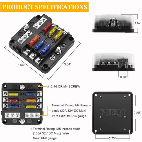PSEQT Mini 6-Way Blade Fuse Block Box with Negative Bus ATC/ATO & Warning Indicator Waterproof Marine Automotive Standard Circuit Holder Panel for...