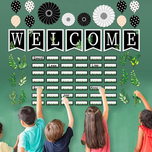 61 Pieces Simply Boho Welcome Classroom Bulletin Board Set Eucalyptus Bulletin Board Classroom Decoration Balloon Paper Fans Cutouts for Primary S...