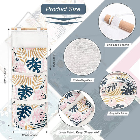 DILIBRA 3 Pack Wall Hanging Storage Bag, Tropical Over the Door Closet Hanging Organizer with 3 Pockets, Waterproof Linen Fabric Hanging Pocket fo...