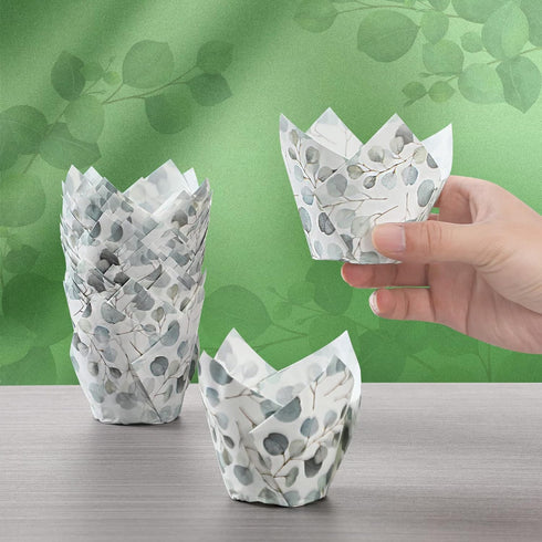 200 Pieces Green Tulip Cupcake Wrappers Liners Tulip for Baking Eucalyptus Cupcake Liners Mini Baby Shower Cupcake Baking Rustic Birthday Party De...