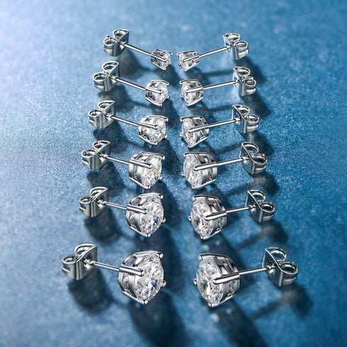 18K White Gold Plated 4 Pong Round Clear Cubic Zirconia Stud Earring Pack of 6 Pairs (6 Pairs)...