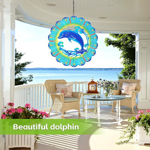 Wind Spinners Dolphint Gifts for Men Women-12 Inch 3D Stainless Hanging Garden Decor Metal Wind Sculptures for Spinner Sea Wave Outside Garden Win...