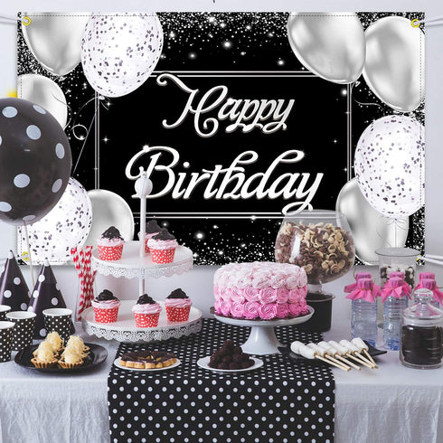 Happy Birthday Backdrop Banner - Black and Silver Photography Background - Large Party Sign Poster for Men and Women - Decoration Supplies...