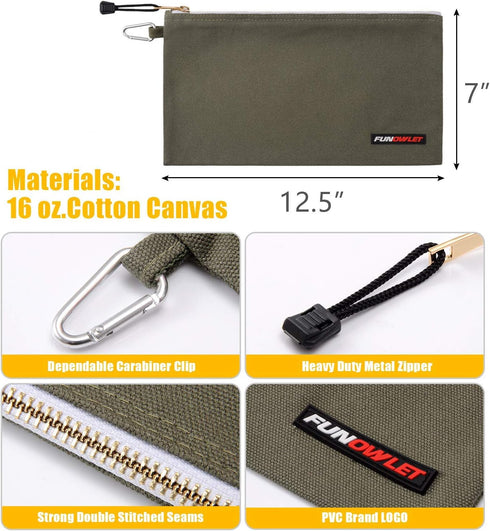Utility Canvas Zipper Tool Bag - Heavy Duty Tools Pouch with Carabiner, Multi-Purpose Storage Organizer Clip on Tote Bags in Olive, Orange, Blue, ...