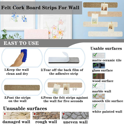 8Pcs Bulletin Board Strips, Camel-Brown Felt Pin Board Bar Strips with 50 Pushpins, Self-Adhesive Felt Cork Board Strips for Wall to Display Your ...