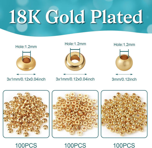 300Pcs Real 18K Gold Brass Spacer Beads 3mm Golden Round Disc Rondelle Beads Seamless Metal Bead Spacers bulk for Crafts DIY Jewelry Making Suppli...