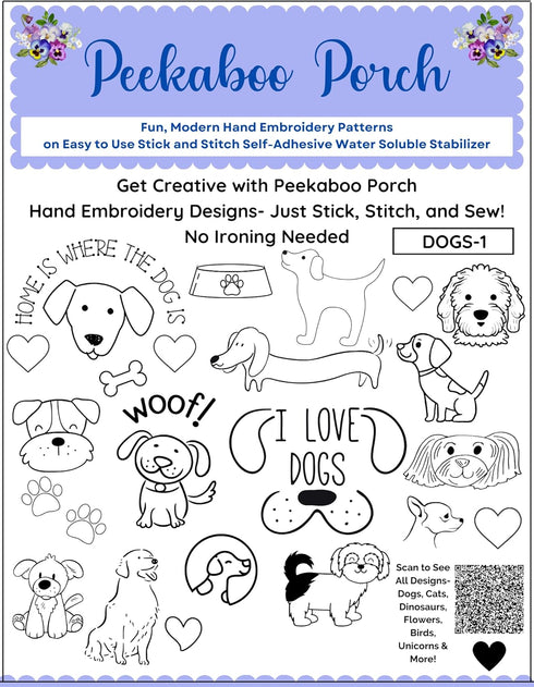 Dog Hand Embroidery Patterns Transfers Kit 26 Pieces on Stick and Stitch Water Soluble Sewing Stabilizer Paper for Beginners and Adults Hand Sewin...