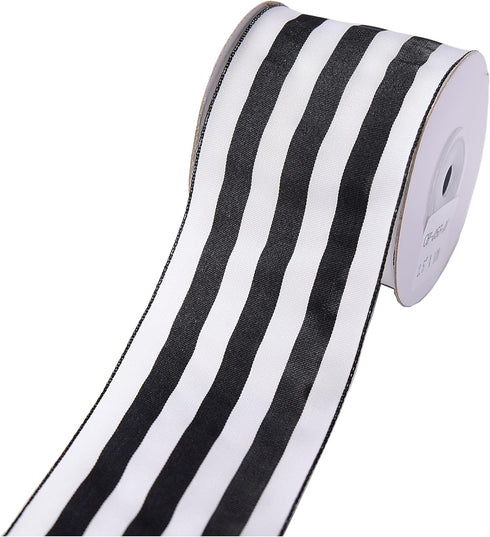 2.5inch Wide 10 Yards wired gift wrapping ribbon black White stripe wired ribbon for gift wrapping crafts DIY Christmas Tree Decor, wreaths, Bows ...